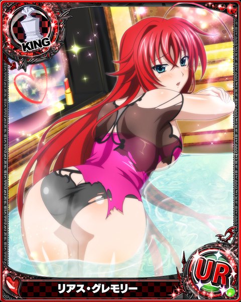 Anime picture 640x800 with highschool dxd rias gremory single tall image blush open mouth blue eyes light erotic looking away ass red hair very long hair torn clothes card (medium) girl dress underwear panties black panties