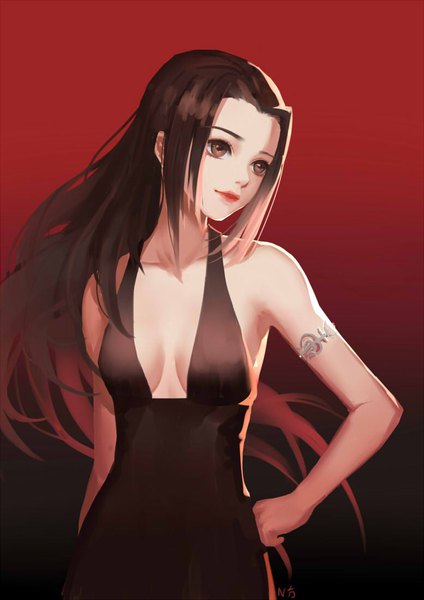 Anime picture 777x1100 with naruto studio pierrot naruto (series) senju hashirama nho (316784766) single long hair tall image breasts light erotic simple background brown hair bare shoulders brown eyes signed payot looking away cleavage upper body head tilt