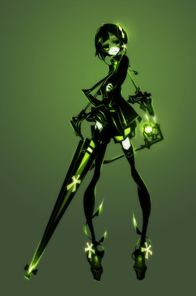 Anime picture 1037x1560 with original kiku (kicdoc) single tall image fringe short hair black hair simple background green eyes lens flare sad green background :< girl thighhighs dress hair ornament weapon black thighhighs hairclip