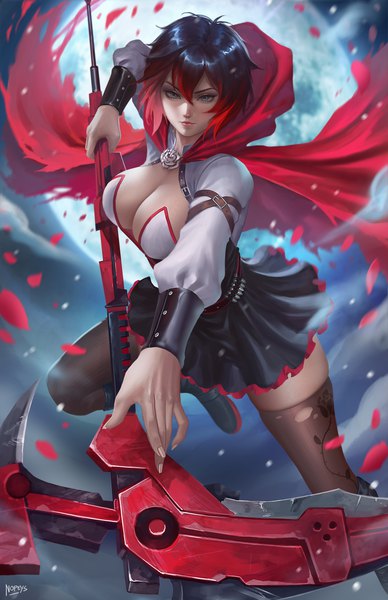 Anime picture 3300x5100 with rwby rooster teeth ruby rose nopeys single tall image looking at viewer fringe highres short hair breasts light erotic black hair hair between eyes large breasts holding signed absurdres cleavage cloud (clouds)