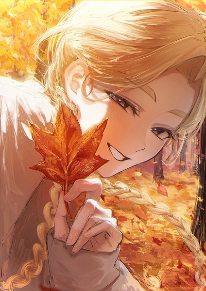 Anime picture 1000x1415 with tokyo revengers haitani ran lu lamup single long hair tall image looking at viewer blonde hair smile purple eyes holding upper body outdoors braid (braids) long sleeves twin braids grin sleeves past wrists eyebrows autumn