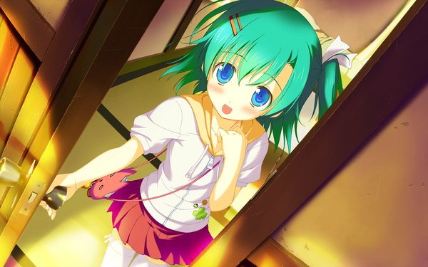 Anime picture 2048x1280 with irotoridori no sekai toumine tsukasa shida kazuhiro blush highres short hair blue eyes wide image game cg green hair loli girl thighhighs white thighhighs