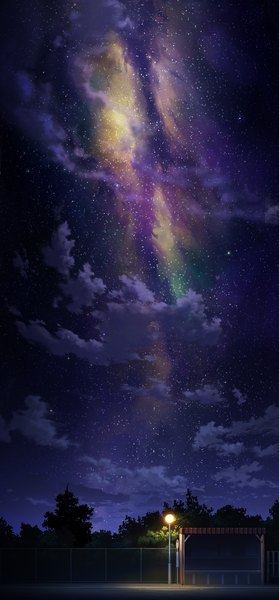 Anime picture 1240x2658 with original mocha (cotton) tall image sky cloud (clouds) night night sky light landscape scenic aurora borealis star (stars) lantern lamppost bus stop