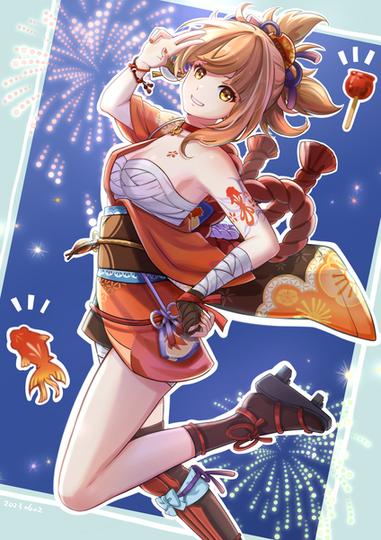 Anime picture 2480x3508 with genshin impact yoimiya (genshin impact) yilubixi single tall image looking at viewer fringe highres short hair breasts light erotic blonde hair smile standing yellow eyes bent knee (knees) nail polish traditional clothes tattoo standing on one leg