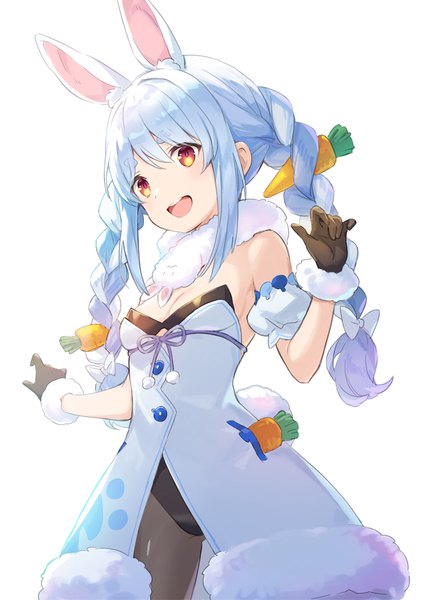 Anime picture 850x1200 with virtual youtuber hololive usada pekora usada pekora (1st costume) ame8desu single long hair tall image fringe open mouth light erotic simple background hair between eyes white background animal ears payot blue hair cleavage braid (braids) :d
