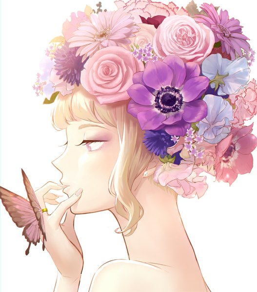 Anime picture 703x800 with original tette single tall image fringe short hair simple background blonde hair white background bare shoulders looking away profile pink eyes hair flower finger to mouth butterfly on hand girl hair ornament flower (flowers) earrings