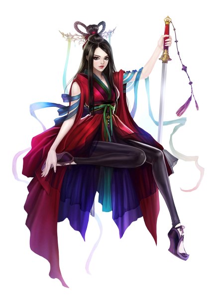 Anime picture 860x1200 with original eliz7 single long hair tall image looking at viewer open mouth black hair simple background white background sitting traditional clothes black eyes high heels eyeshadow girl dress hair ornament ribbon (ribbons) weapon