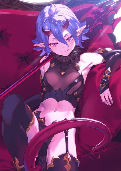 Anime picture 1400x1977 with original kinta (distortion) single tall image looking at viewer fringe short hair light erotic hair between eyes sitting purple hair tail pink eyes horn (horns) fingernails pointy ears sleeveless demon girl demon tail :q