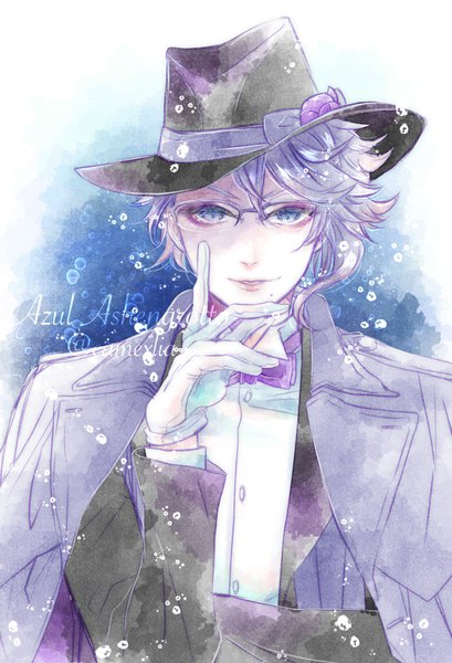 Anime picture 681x1000 with twisted wonderland azul ashengrotto camexllia single tall image looking at viewer short hair blue eyes signed silver hair upper body mole character names twitter username mole under mouth clothes on shoulders boy gloves hat glasses