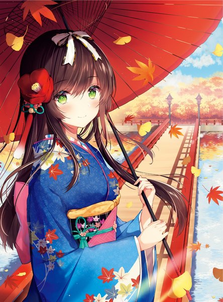Anime picture 1421x1920 with original necomi (gussan) single long hair tall image looking at viewer blush fringe breasts smile brown hair large breasts holding green eyes payot sky upper body outdoors long sleeves traditional clothes