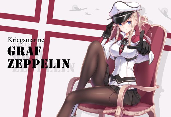 Anime picture 2000x1368 with kantai collection graf zeppelin (kantai collection) ltt challenger single long hair looking at viewer highres blue eyes blonde hair sitting inscription girl skirt gloves miniskirt pantyhose black gloves peaked cap