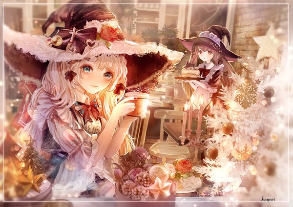 Anime picture 3000x2122 with original komirihikku long hair looking at viewer highres blue eyes smile brown hair twintails multiple girls white hair nail polish maid christmas witch brick wall restaurant girl uniform 2 girls