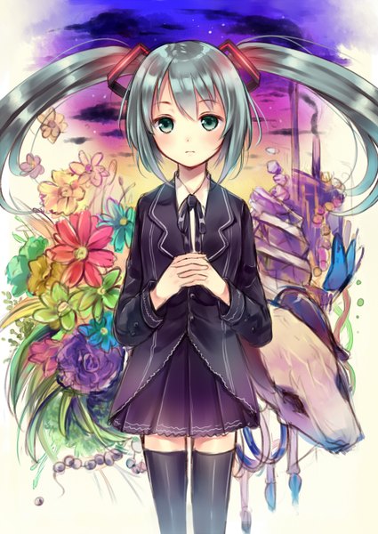 Anime picture 1000x1412 with vocaloid hatsune miku hanekoto single long hair tall image twintails aqua eyes aqua hair girl dress flower (flowers)