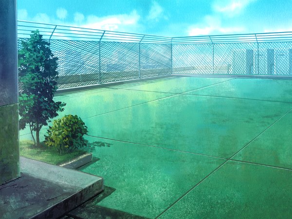 Anime picture 1024x768 with ma furu yoru no rin game cg sky cloud (clouds) no people plant (plants) tree (trees) fence