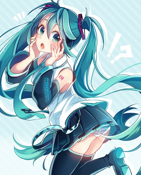 Anime picture 800x992 with vocaloid hatsune miku nou single long hair tall image looking at viewer blush open mouth light erotic twintails green eyes very long hair aqua hair striped striped background !? girl thighhighs skirt