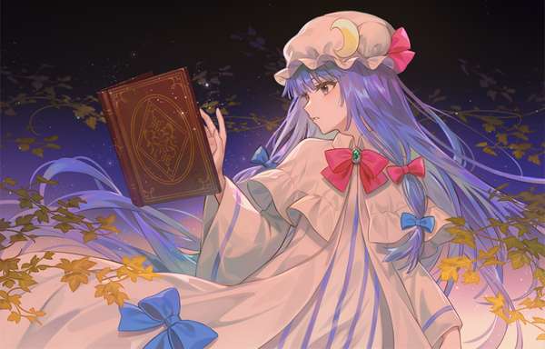 Anime picture 900x576 with touhou patchouli knowledge mutugi single fringe purple eyes looking away purple hair very long hair profile turning head tress ribbon girl bow hair bow hat book (books) leaf (leaves) bonnet branch