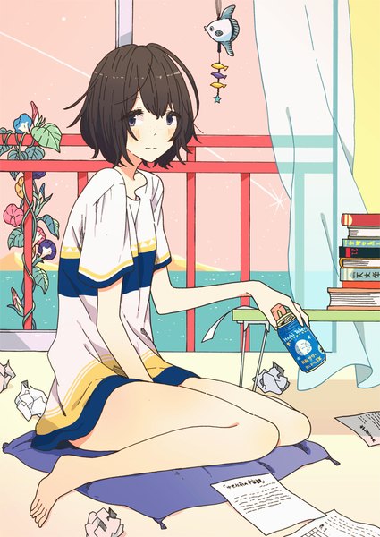 Anime picture 700x989 with original kurokeisin single tall image blush fringe short hair blue eyes hair between eyes brown hair sitting holding looking away full body bent knee (knees) indoors barefoot wariza between legs messy hair