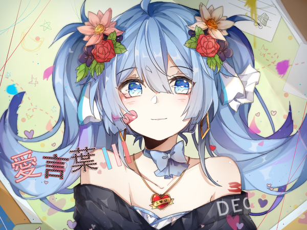 Anime picture 800x600 with vocaloid ai kotoba iii (vocaloid) hatsune miku yumi (qianching-lee) single long hair looking at viewer blush fringe hair between eyes twintails bare shoulders payot ahoge upper body hair flower aqua eyes aqua hair hieroglyph clothes writing