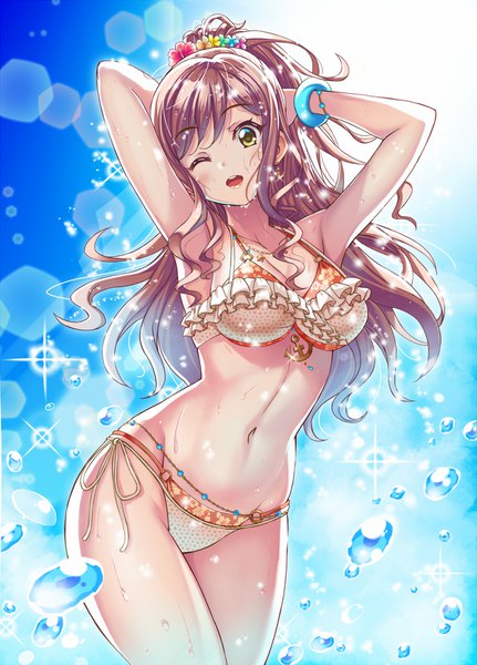 Anime picture 1200x1671 with bang dream! imai lisa kenkou toshikou single long hair tall image looking at viewer blush fringe breasts open mouth light erotic hair between eyes brown hair large breasts standing bare shoulders green eyes payot sky