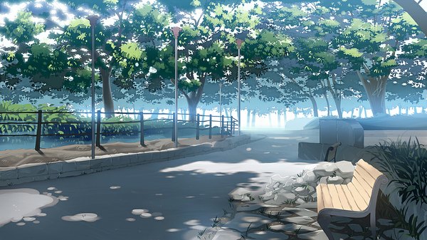 Anime picture 1000x563 with original joeian (artist) wide image no people landscape plant (plants) tree (trees) fence bench