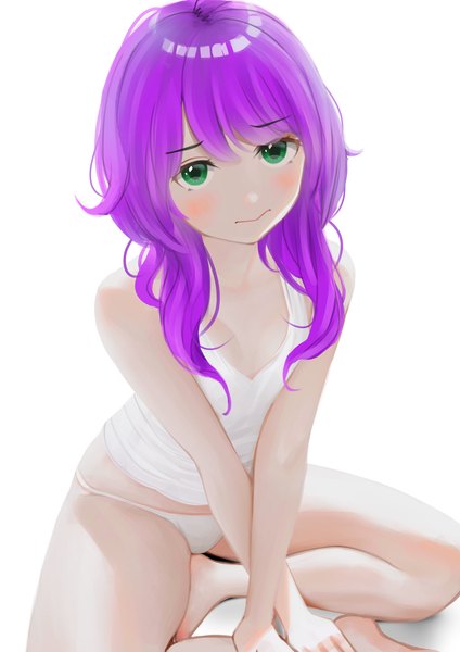 Anime picture 1240x1754 with original isabelle (acerailgun) jubi (regiana) single long hair tall image looking at viewer blush light erotic simple background white background sitting green eyes purple hair barefoot bare legs flat chest indian style girl underwear