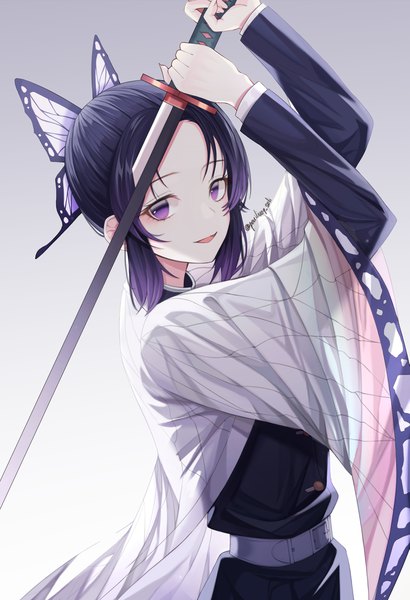 Anime picture 2769x4048 with kimetsu no yaiba ufotable kochou shinobu soli (pouiliuoq soli) single tall image looking at viewer highres short hair open mouth black hair simple background smile standing purple eyes holding signed payot traditional clothes japanese clothes