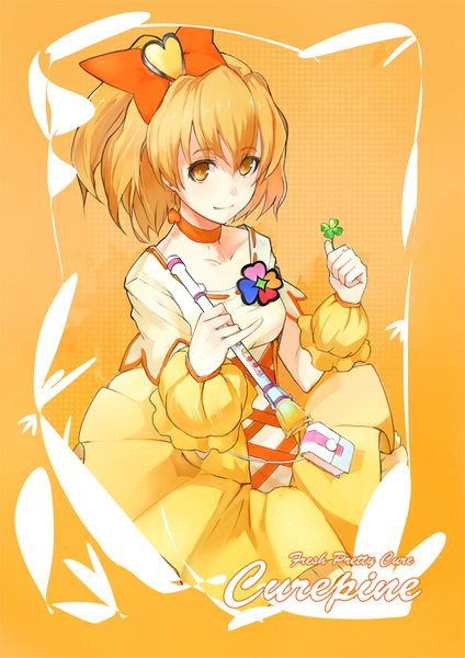 Anime picture 707x1000 with precure fresh precure! toei animation yamabuki inori cure pine miz single tall image looking at viewer fringe short hair simple background blonde hair hair between eyes yellow eyes copyright name character names magical girl orange background girl