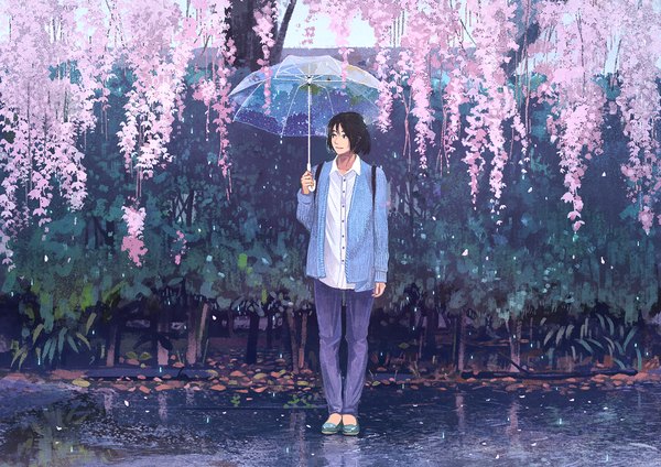 Anime picture 1132x800 with original gemi single fringe short hair blue eyes black hair standing holding outdoors light smile black eyes reflection transparent umbrella girl flower (flowers) shirt petals shoes white shirt