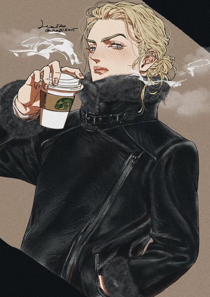 Anime picture 1240x1754 with jojo no kimyou na bouken starbucks prosciutto hagiko single long hair tall image blue eyes blonde hair holding signed looking away upper body fur trim hand in pocket steam fashion boy jacket tongue