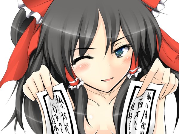 Anime picture 1600x1200 with touhou hakurei reimu mikage kirino blush blue eyes black hair smile girl bow hair bow