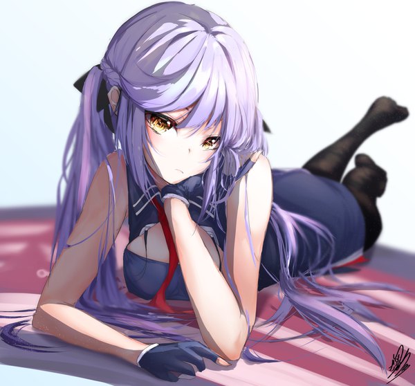 Anime-Bild 1435x1336 mit azur lane essex (azur lane) murata ryou single long hair looking at viewer blush fringe simple background hair between eyes white background twintails signed yellow eyes purple hair full body lying blurry no shoes on stomach