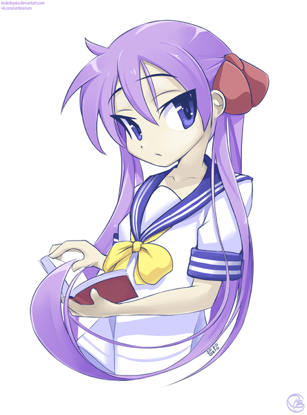 Anime picture 888x1200 with lucky star kyoto animation hiiragi kagami krokobyaka single long hair tall image looking at viewer blue eyes simple background white background twintails purple hair short sleeves girl uniform bow ribbon (ribbons) hair bow hair ribbon