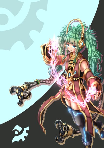 Anime-Bild 1654x2339 mit starcraft blizzard entertainment karax wakaura asaho single long hair tall image fringe blue eyes simple background twintails blunt bangs green hair light smile shadow glowing glowing eye (eyes) :3 genderswap lightning