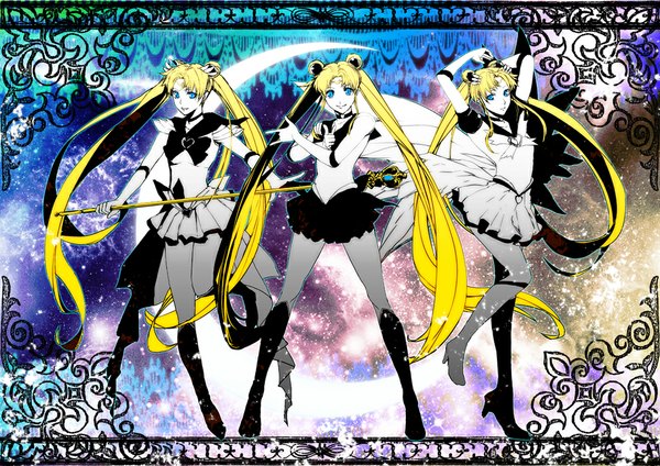 Anime picture 1000x707 with bishoujo senshi sailor moon toei animation tsukino usagi sailor moon super sailor moon pizaya blue eyes blonde hair twintails multiple girls pleated skirt monochrome framed crescent space multiple persona outline girl gloves uniform