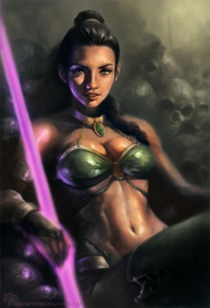 イラスト 684x1000 と mortal kombat jade (mortal kombat) lamwin ソロ 長身像 カメラ目線 おっぱい 黒髪 大きな乳房 座る 緑の目 三つ編み lips realistic へそ出し 鼠蹊部 single braid 筋肉 女の子 手袋