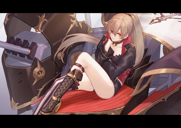 Anime picture 1455x1029 with azur lane jean bart (azur lane) whitem (whiteemperor2020) single long hair looking at viewer fringe hair between eyes red eyes brown hair sitting bent knee (knees) ponytail letterboxed lacing hand on cheek popped collar girl thighhighs gloves