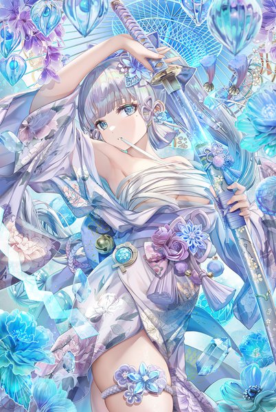 Anime picture 1200x1790 with genshin impact kamisato ayaka torino aqua single long hair tall image looking at viewer fringe breasts blue eyes light erotic large breasts standing holding silver hair ponytail blunt bangs traditional clothes japanese clothes arm up