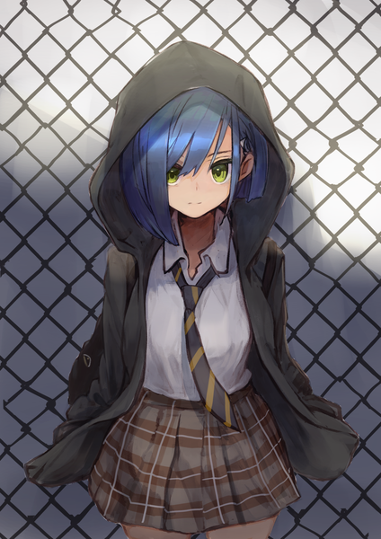 Anime-Bild 1447x2047 mit darling in the franxx studio trigger ichigo (darling in the franxx) sahini single tall image looking at viewer fringe short hair hair between eyes standing green eyes blue hair long sleeves pleated skirt open jacket plaid skirt striped expressionless hands in pockets