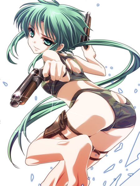 Anime picture 1200x1600 with original moneti (daifuku) single long hair tall image light erotic simple background white background green eyes barefoot green hair girl underwear panties weapon gun pistol