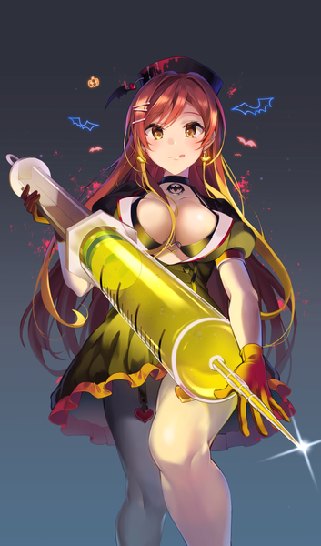 Anime picture 683x1161 with idolmaster idolmaster shiny colors oosaki amana pinb single long hair tall image looking at viewer blush fringe breasts light erotic simple background brown hair standing holding yellow eyes cleavage sparkle from below