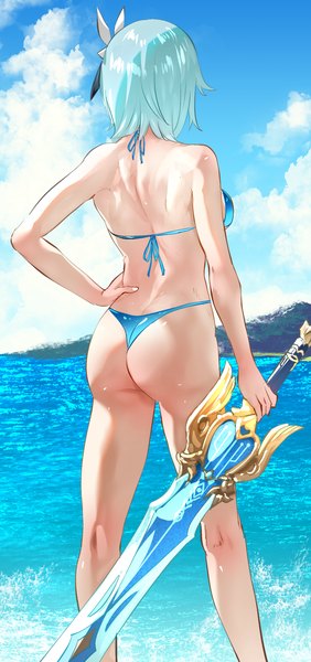 Anime picture 1360x2894 with genshin impact eula lawrence uenoryoma single tall image short hair light erotic standing holding sky cloud (clouds) outdoors ass from behind aqua hair hand on hip horizon girl weapon swimsuit