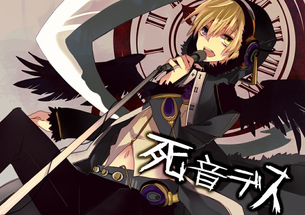 Anime picture 1075x759 with vocaloid kagamine len musou yuchi single short hair blonde hair heterochromia black wings singing boy navel headphones hood ring clock microphone microphone stand