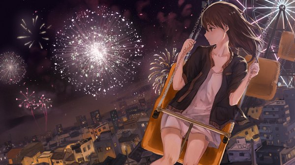 Anime picture 2560x1440 with original catzz single long hair fringe highres hair between eyes brown hair wide image sitting brown eyes looking away outdoors profile wind night open jacket night sky city cityscape