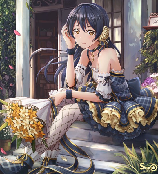 Anime picture 1350x1485 with love live! school idol project sunrise (studio) love live! sonoda umi shamakho single long hair tall image looking at viewer blush highres breasts black hair smile sitting bare shoulders holding brown eyes signed full body