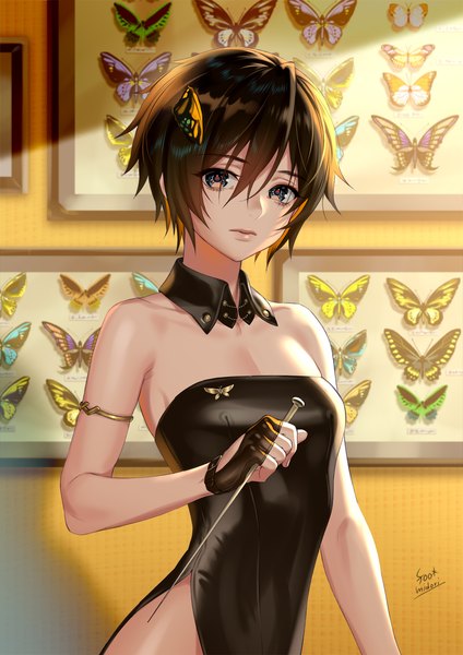 Anime picture 1000x1414 with original midori foo single tall image looking at viewer fringe short hair blue eyes black hair hair between eyes standing holding signed payot upper body indoors side slit girl dress gloves