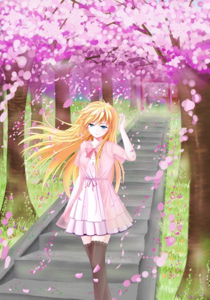 Anime picture 3500x5000 with original youxuemingdie single long hair tall image blush highres blue eyes blonde hair looking away absurdres girl thighhighs dress black thighhighs plant (plants) petals tree (trees) grass