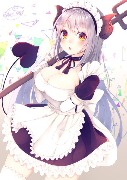 Anime picture 1417x2000 with original chita (ketchup) single long hair tall image blush breasts light erotic large breasts holding signed silver hair tail horn (horns) :o maid demon tail breast hold girl thighhighs