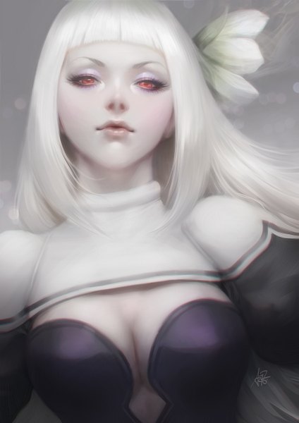 Аниме картинка 919x1300 с bravely default: flying fairy bravely second square enix magnolia arch artgerm (stanley lau) один (одна) длинные волосы высокое изображение смотрит на зрителя румянец чёлка грудь лёгкая эротика простой фон красные глаза большая грудь подписанный декольте верхняя часть тела белые волосы