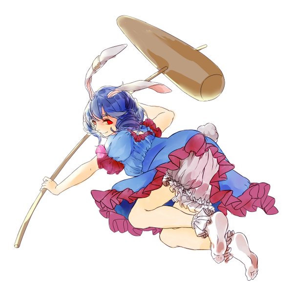Anime picture 2500x2500 with touhou seiran (touhou) kagari6496 single looking at viewer fringe highres short hair simple background smile red eyes white background animal ears blue hair tail animal tail bunny ears no shoes puffy sleeves drill hair