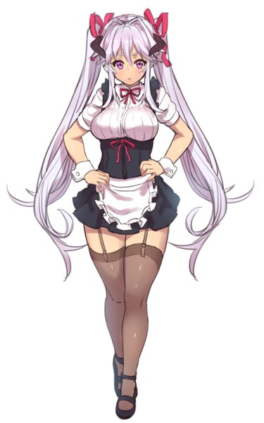 Anime picture 1000x1600 with original houtengeki single long hair tall image looking at viewer blush simple background white background purple eyes silver hair horn (horns) maid hands on hips thighhighs dress ribbon (ribbons) shoes garter straps wrist cuffs